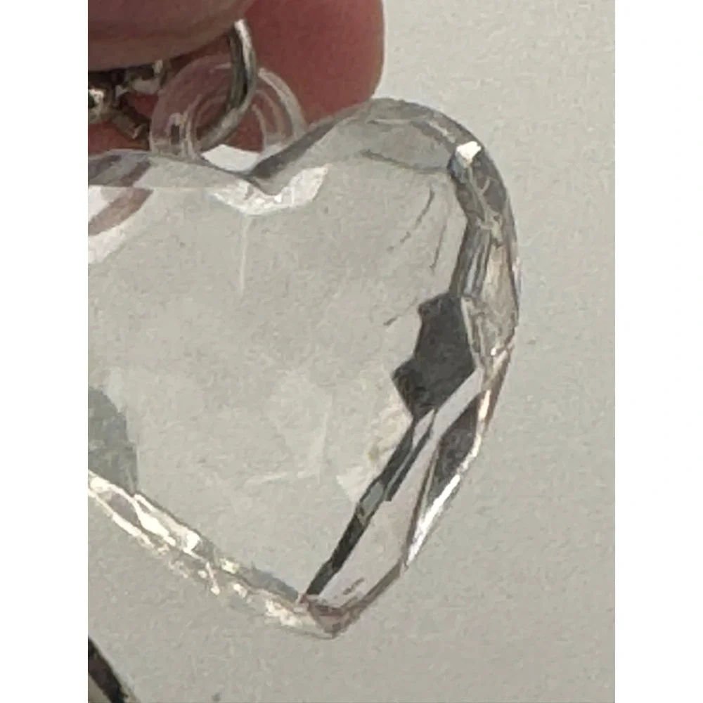 Tan Enamel Flower and Faceted Clear Heart Charm Keychain Silver Tone Ball‎ Chain